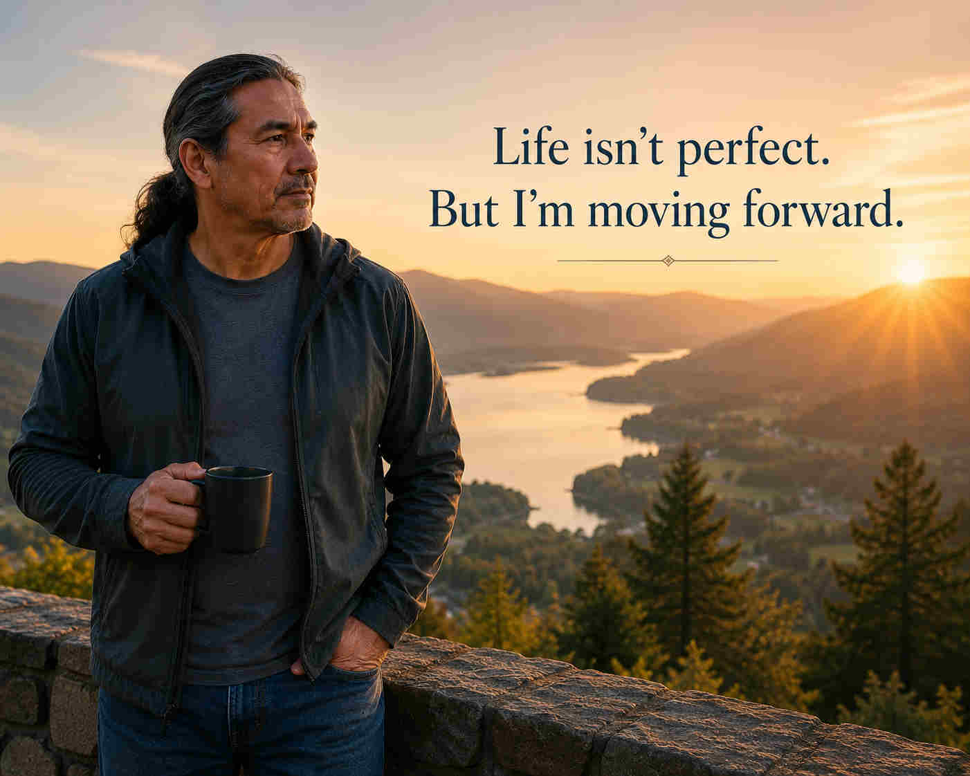 Divorced man overlooking a scenic valley and lake at sunrise with coffee in hand after completing his first month of recovery