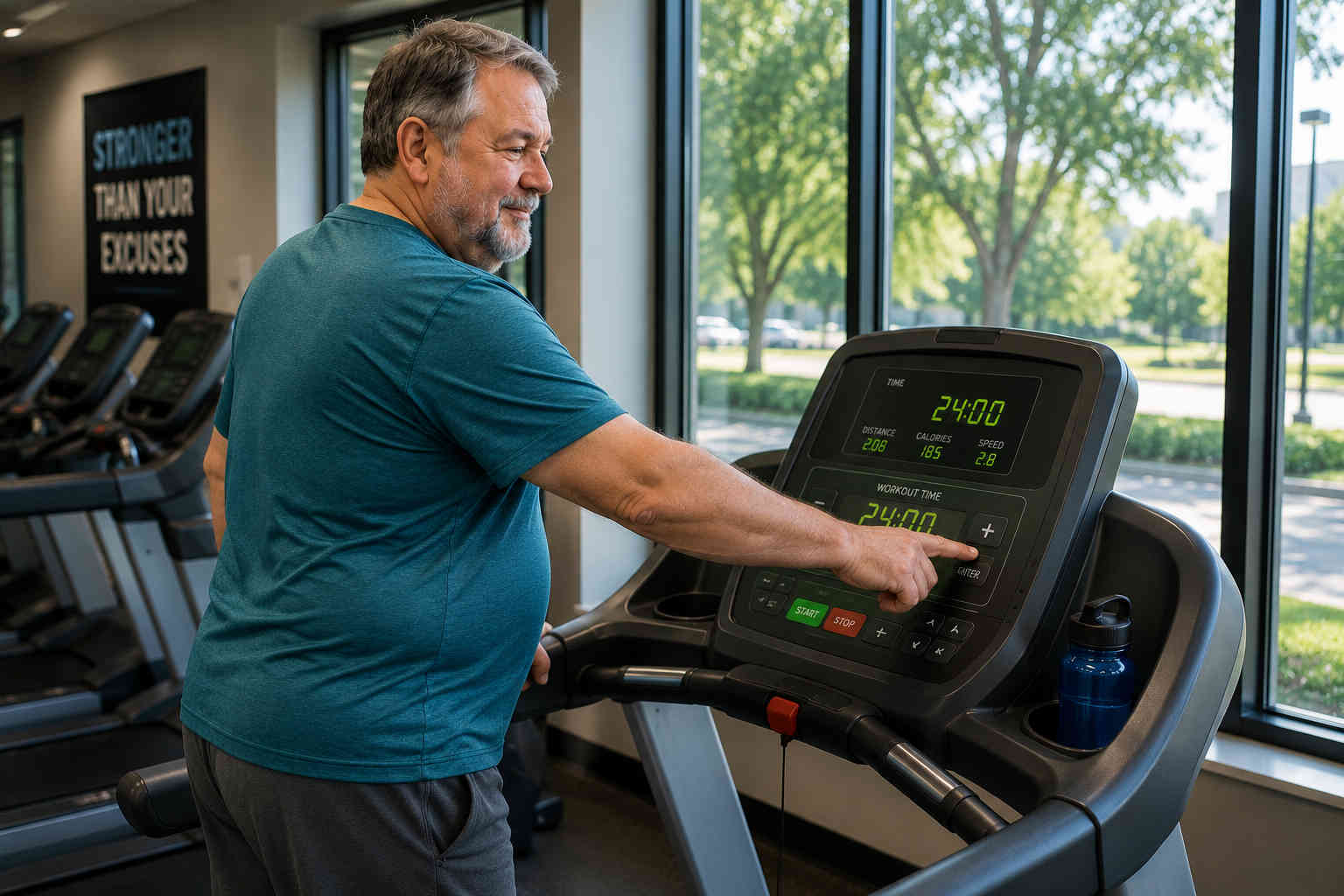 Overweight older man adding a little more time to a treadmill walking workout