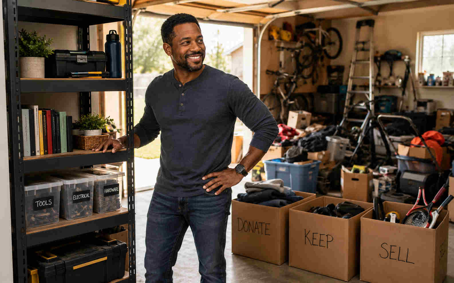 An African American man smiles beside one neatly organized garage shelf while the rest of the garage remains cluttered and boxes are labeled Donate, Keep, and Sell