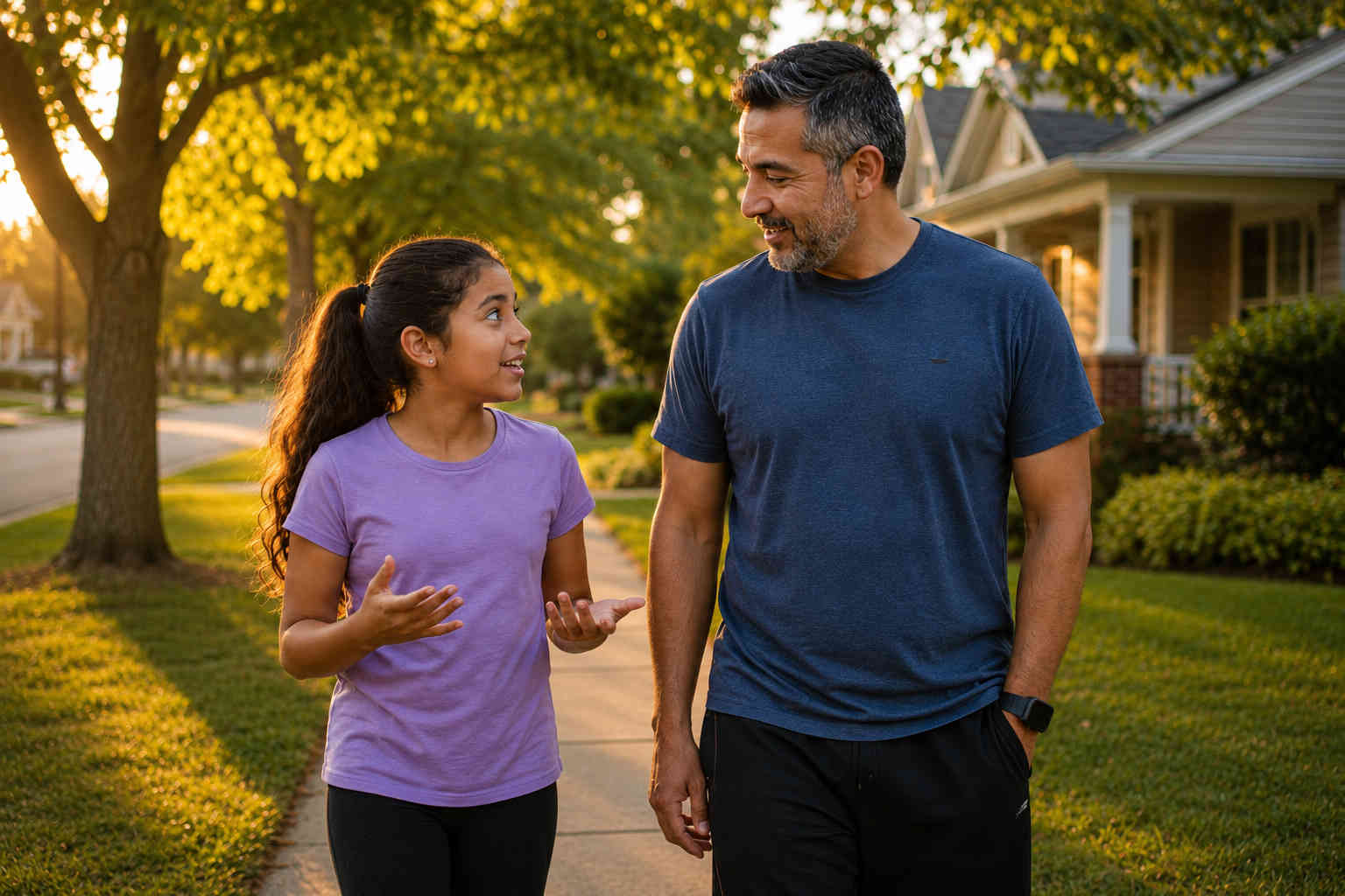 Father listening closely as his daughter talks during a quiet neighborhood walk at sunset