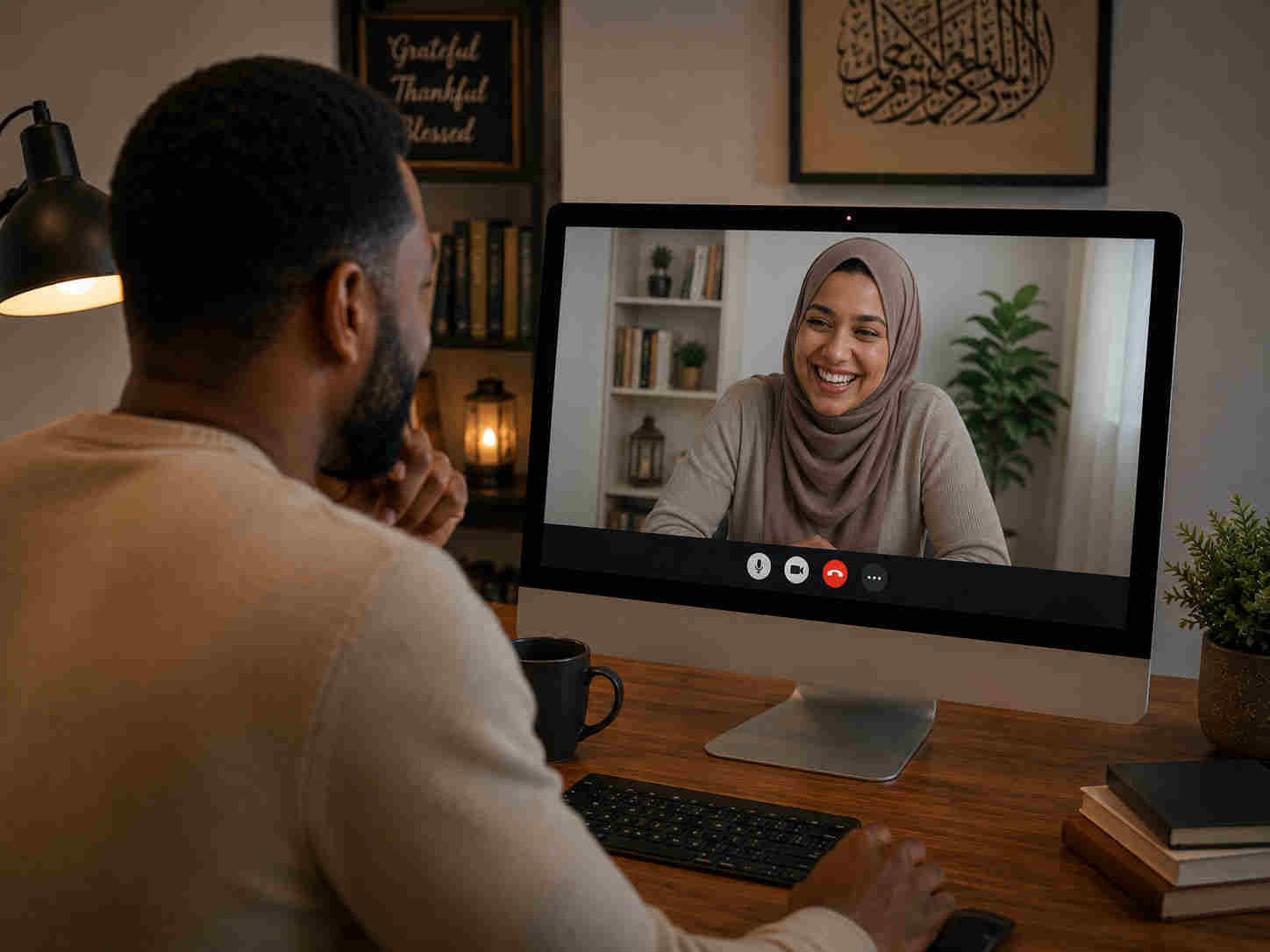 Man having a relaxed desktop video conversation with one woman instead of browsing dozens of profiles