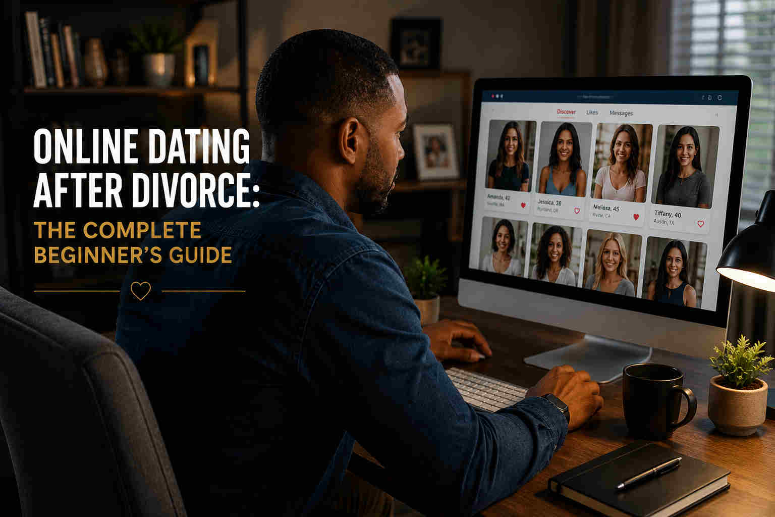 Divorced man reviewing online dating profiles on a desktop computer