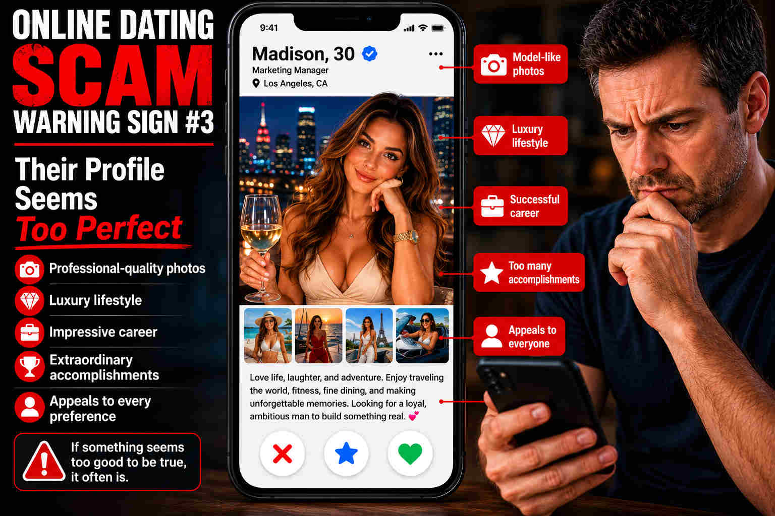 Online dating scam warning sign showing a dating profile that seems too perfect