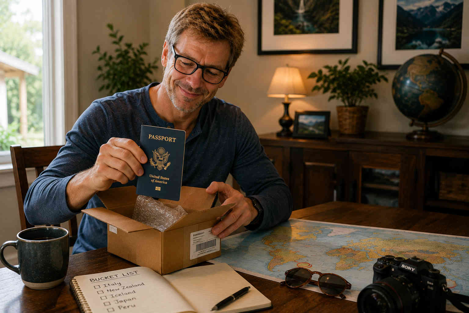 Man opening a package at home and smiling as he pulls out his new United States passport
