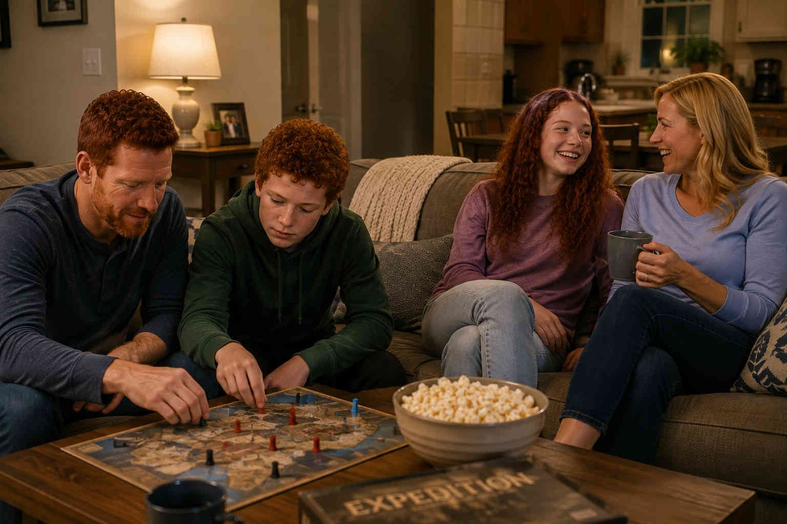 Father, teenage son, red-haired daughter and blonde girlfriend spending an ordinary evening at home playing a board game and sharing popcorn
