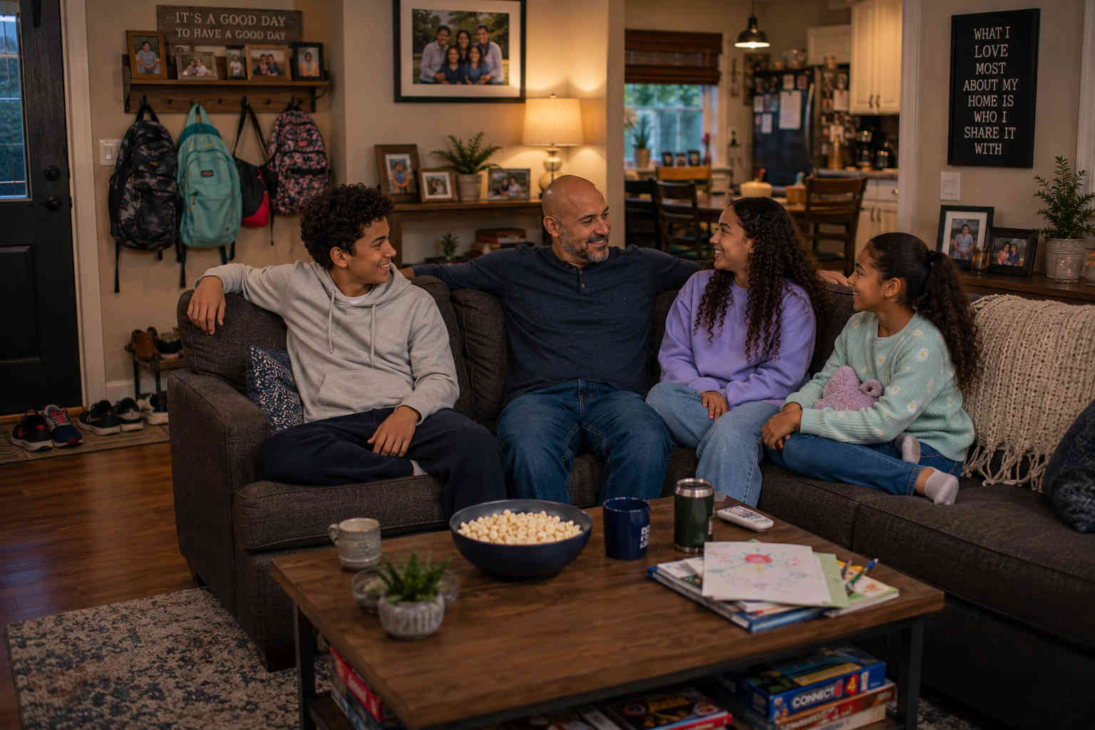 Father relaxing on the couch with his fourteen-year-old daughter, twelve-year-old son, and eight-year-old daughter in a living room filled with backpacks, shoes, family photos, and everyday belongings