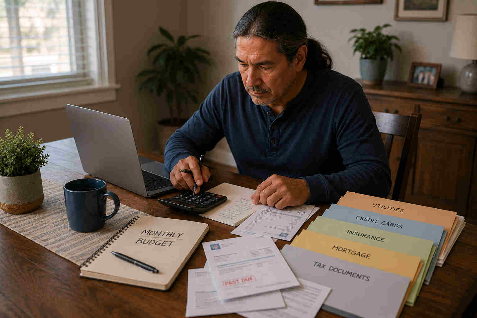 Divorced man organizing bills, folders, a calculator, laptop, and monthly budget at his dining room table