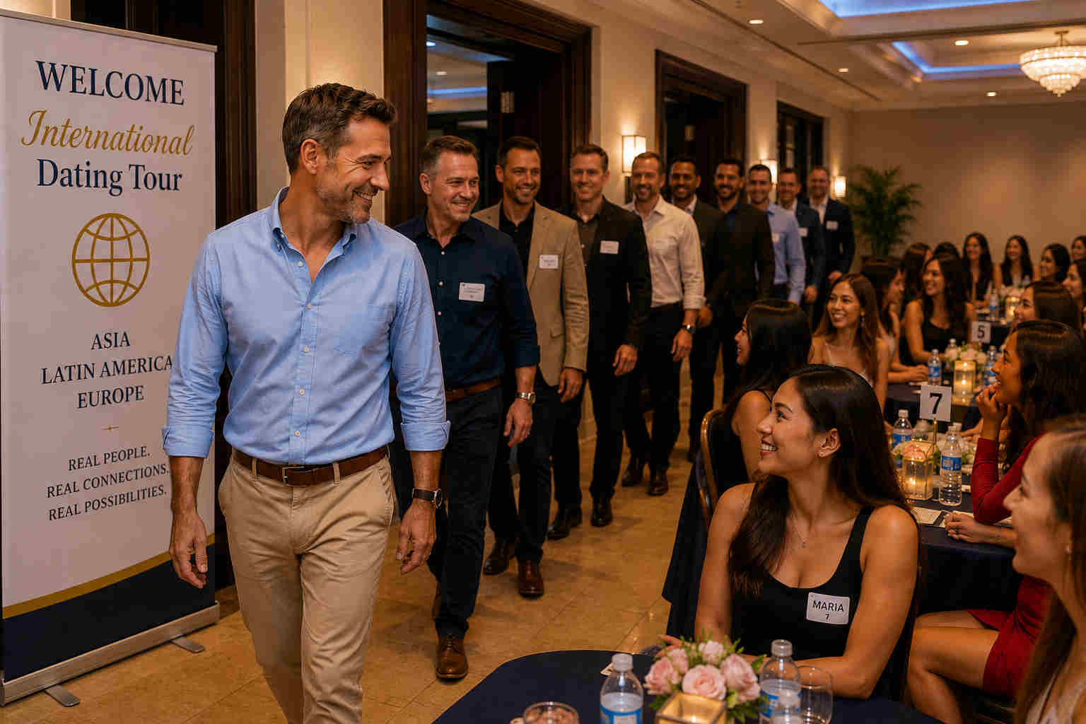 Men entering an organized international dating tour event with women seated at tables