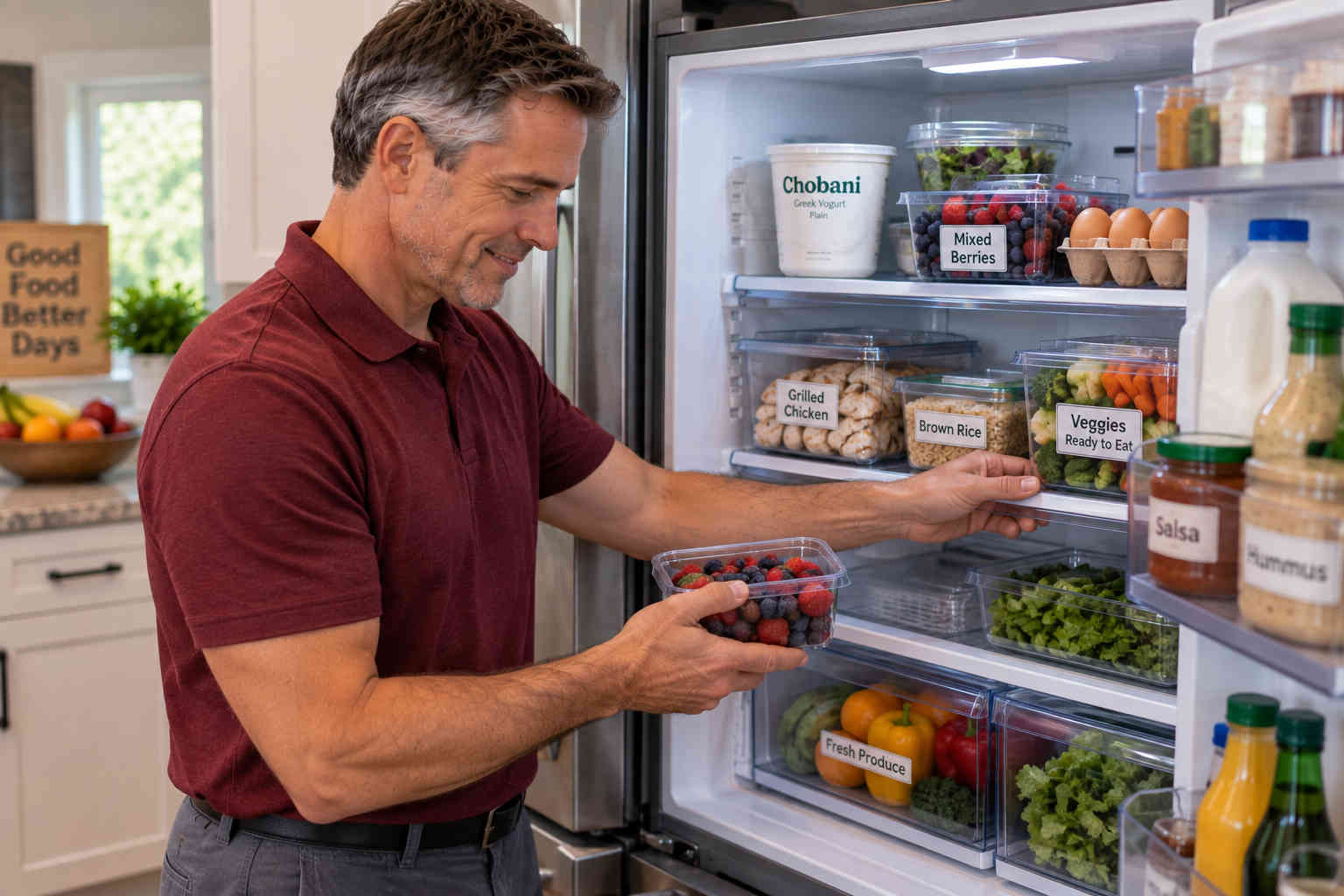 Man organizing berries chicken vegetables yogurt eggs and brown rice in his refrigerator for easy weekly meals