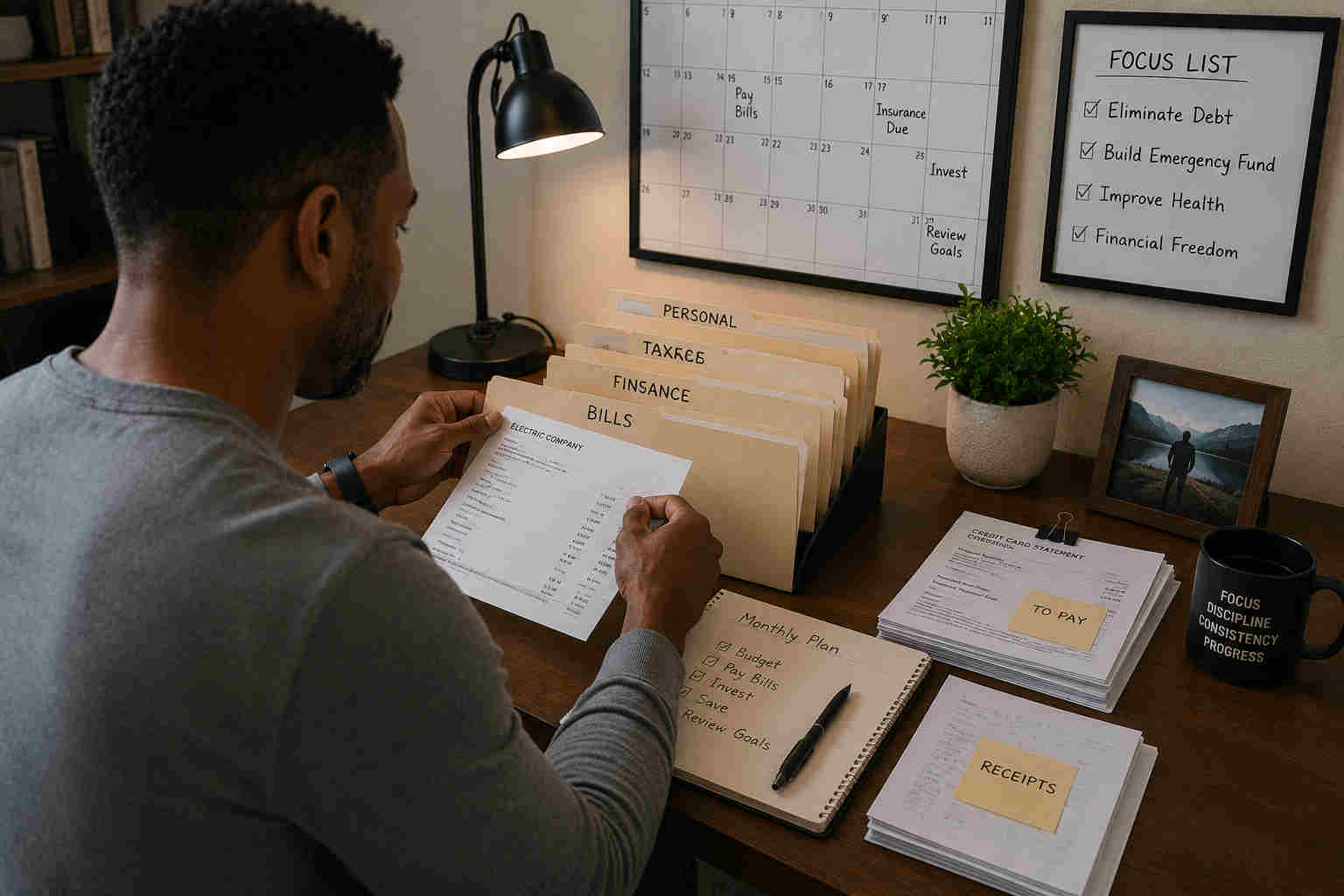 A man organizing bills and financial paperwork into labeled folders at a clean desk