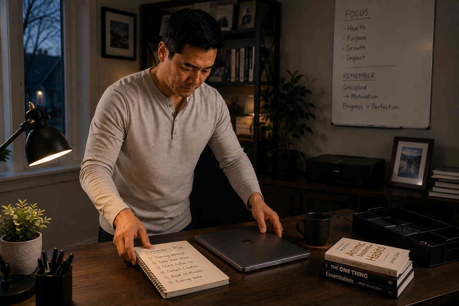 Man organizing a home office by placing his notebook, laptop, and written task list in position