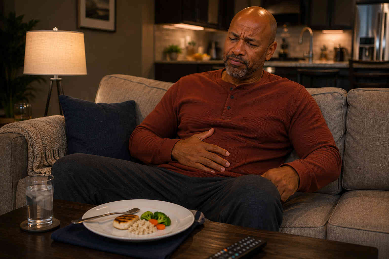 Hungry man sitting on a sofa looking frustrated by an overly small diet dinner on the coffee table