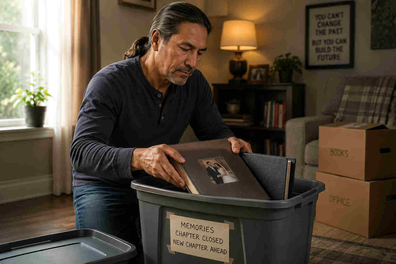 Divorced man carefully placing wedding albums into a storage container as he begins a new chapter