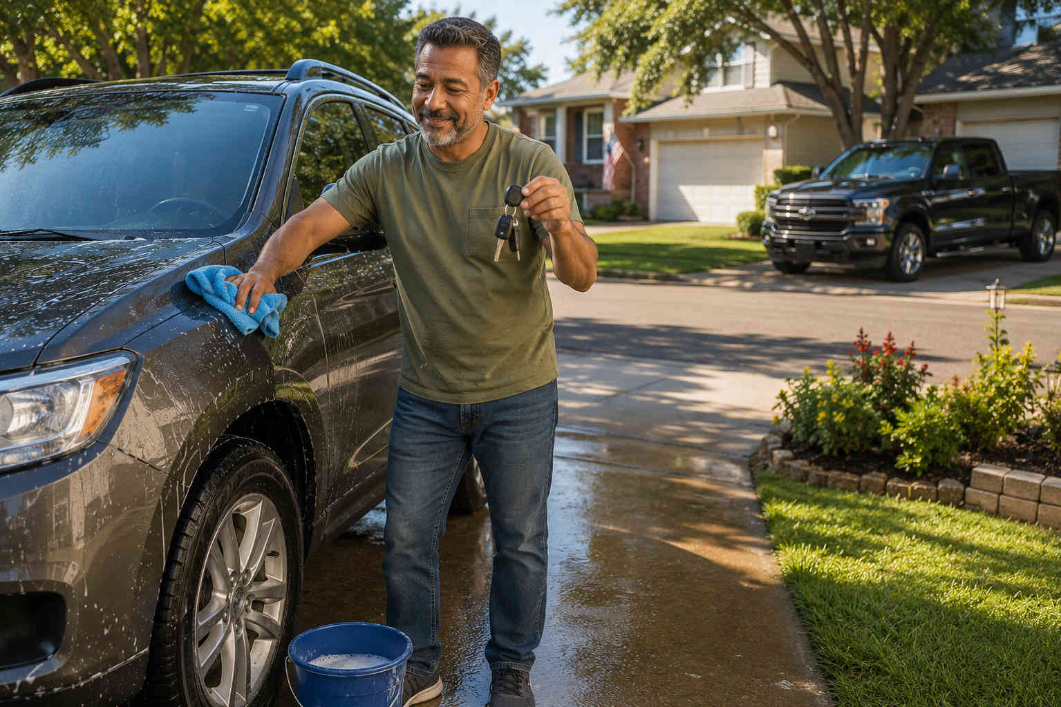 Man washing his paid-off vehicle in the driveway while holding the keys and choosing to keep the car longer