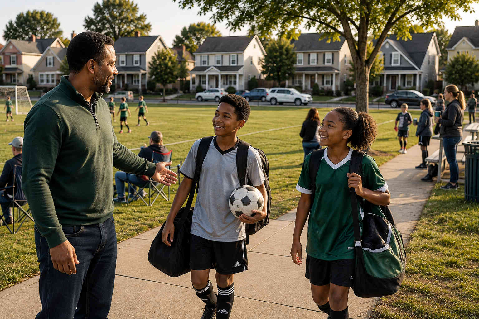 Divorced father greeting his son and daughter after youth soccer practice in a neighborhood close to the playing fields