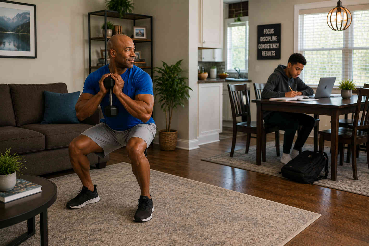 Father doing a goblet squat at home while his teenage son studies nearby at the dining table