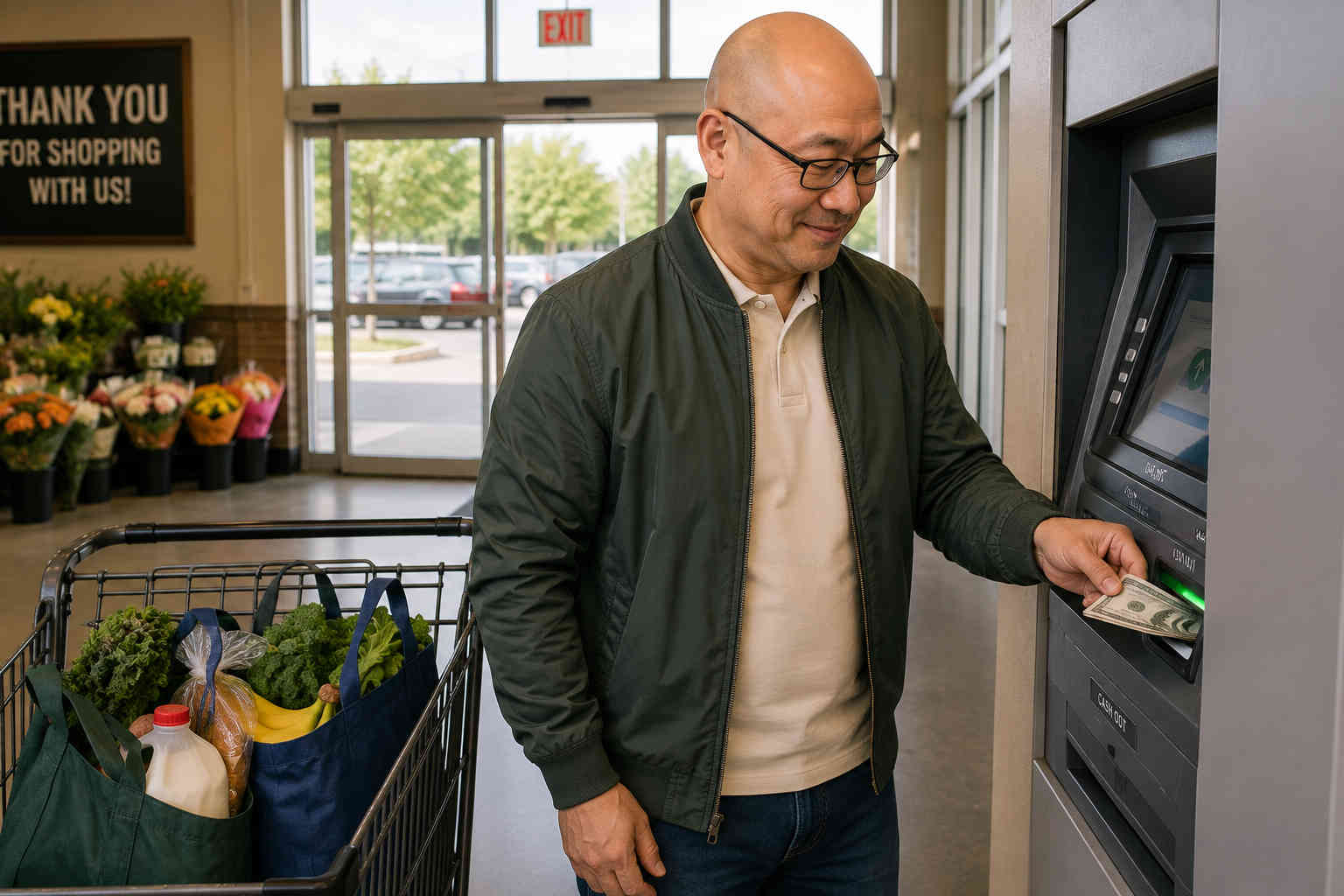 Bald Asian man with glasses setting aside cash at a grocery-store banking machine after shopping