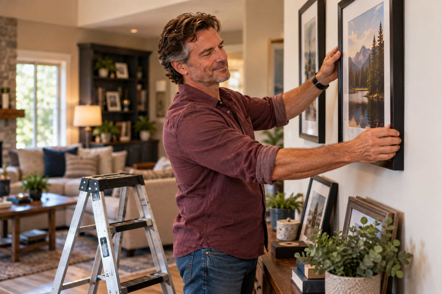 A divorced man personalizes his new home by hanging framed artwork in a comfortable living room