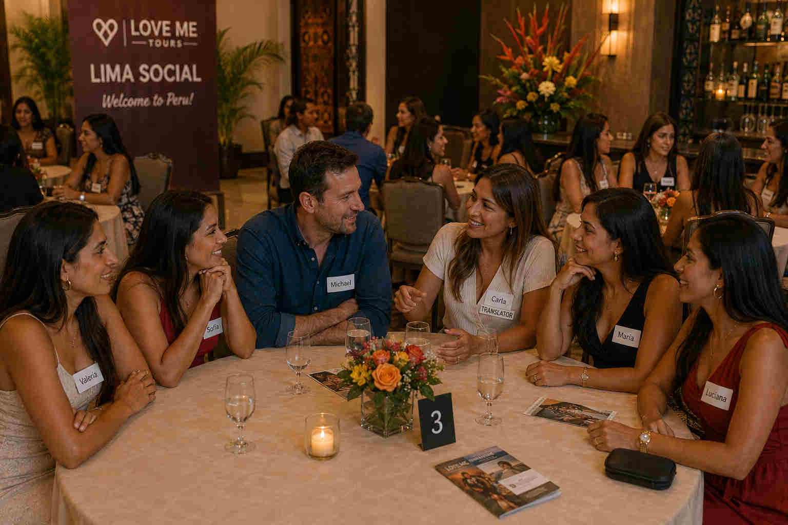 A respectful LoveMe tour social event in Lima with one foreign man, a woman translator, and several Peruvian women seated at a table