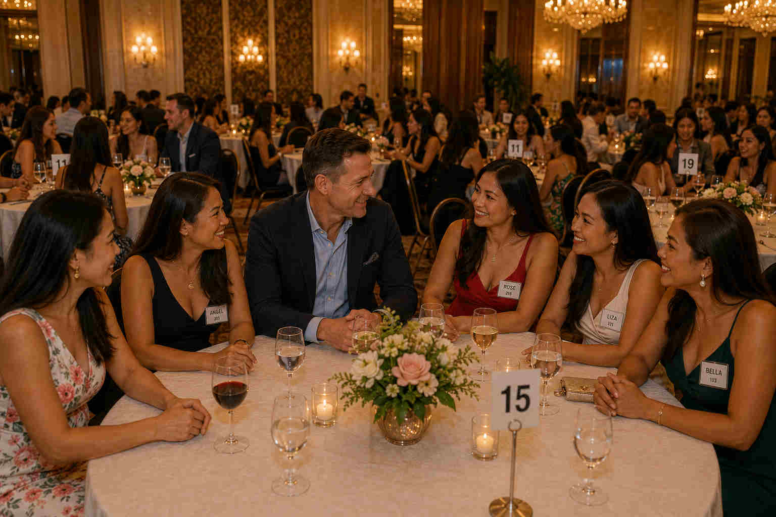 American man at an organized international dating social event with Filipino women in a ballroom