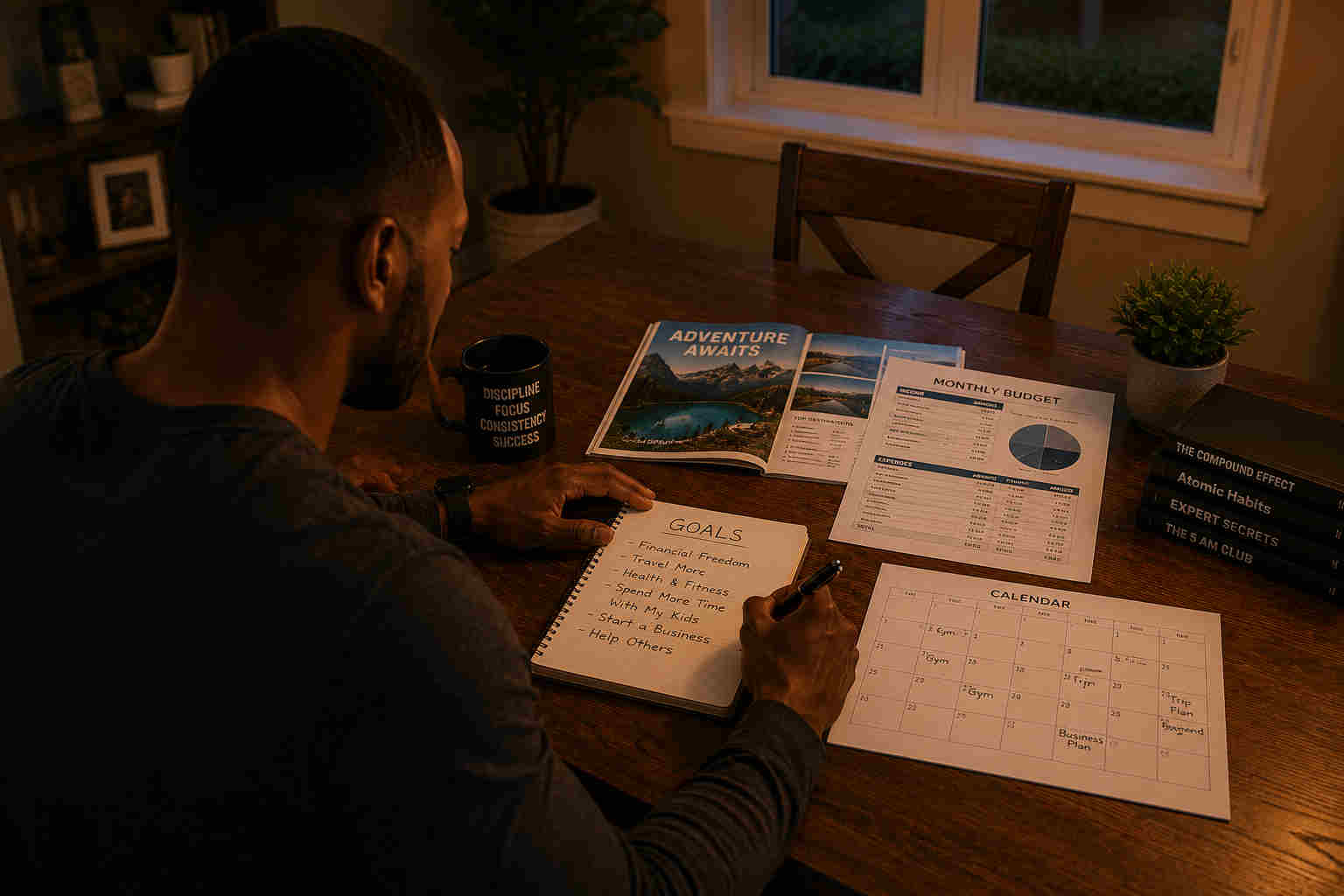 Over-the-shoulder view of divorced man planning goals, travel, finances, and a new chapter