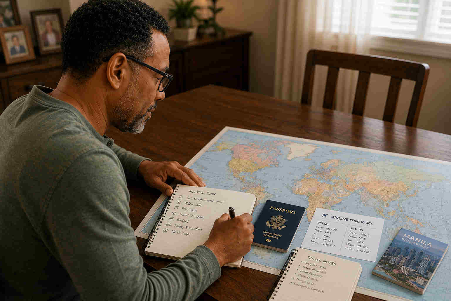 Man carefully planning an international meeting with a passport, itinerary, map and notes