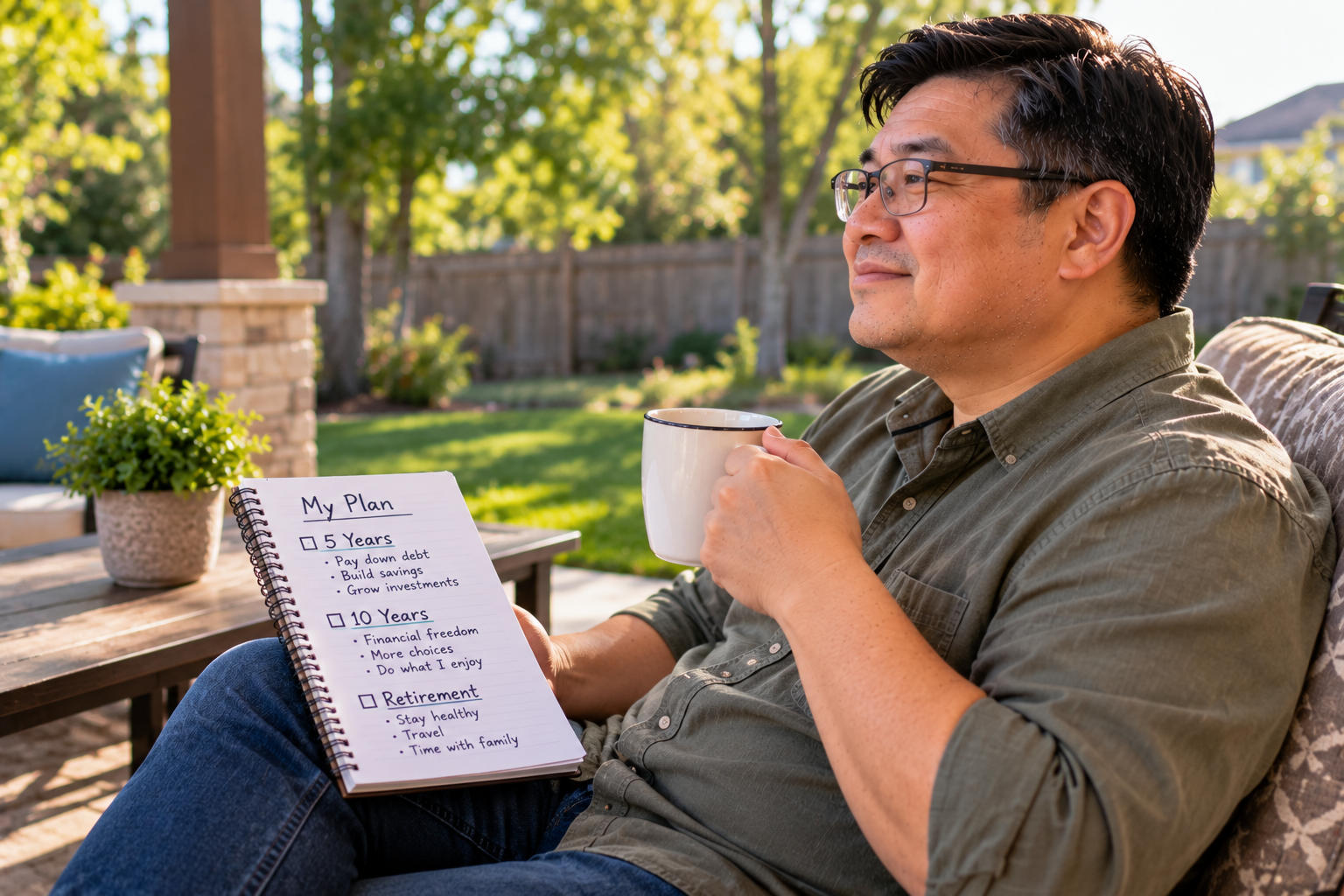 Man on a patio reviewing a notebook with five-year, ten-year, and retirement financial goals