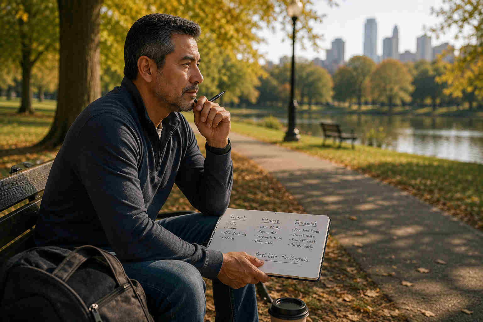 Divorced man sitting in an autumn park and planning travel fitness goals and financial milestones in a notebook