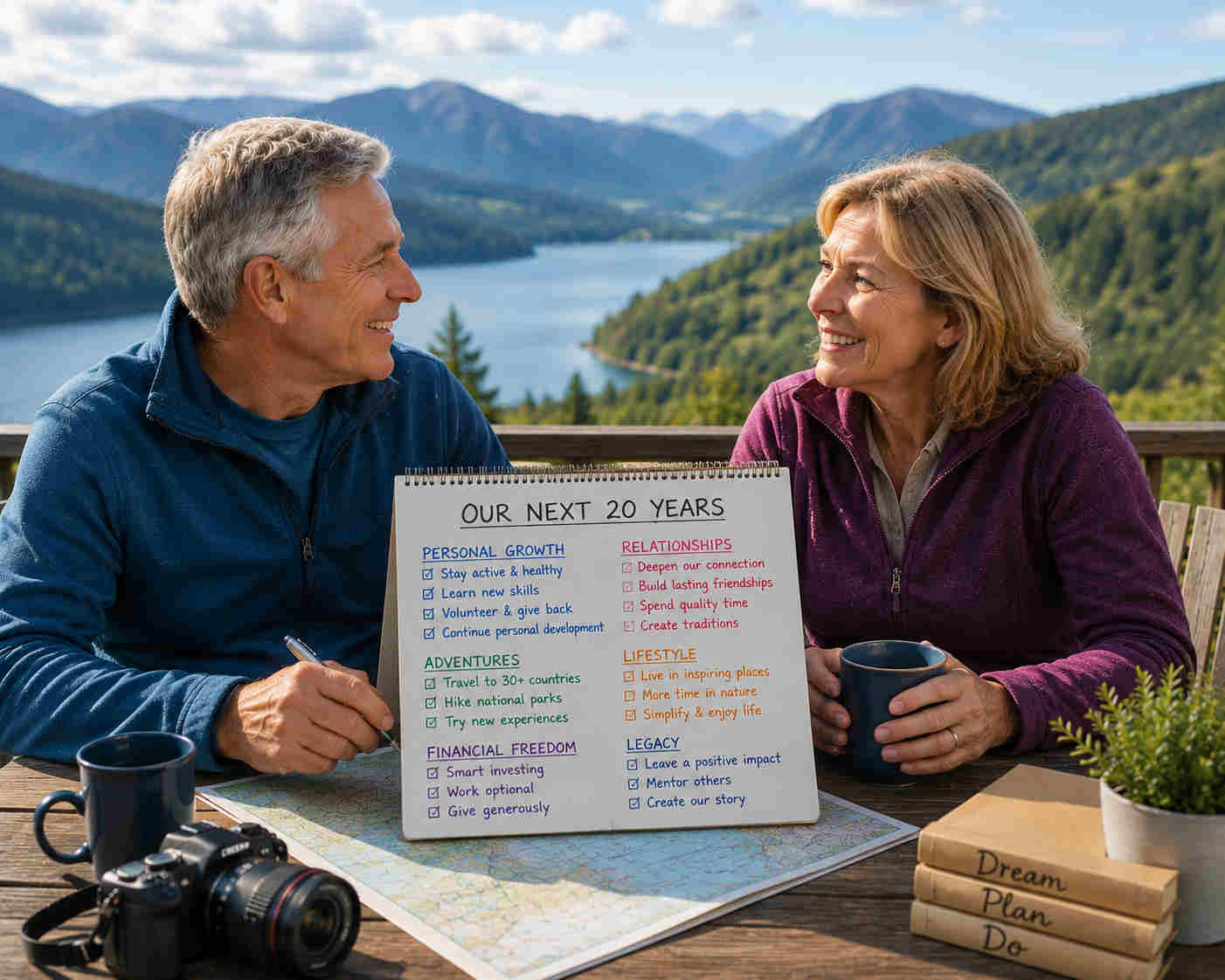 Older couple planning their next 20 years together at a mountain observation deck