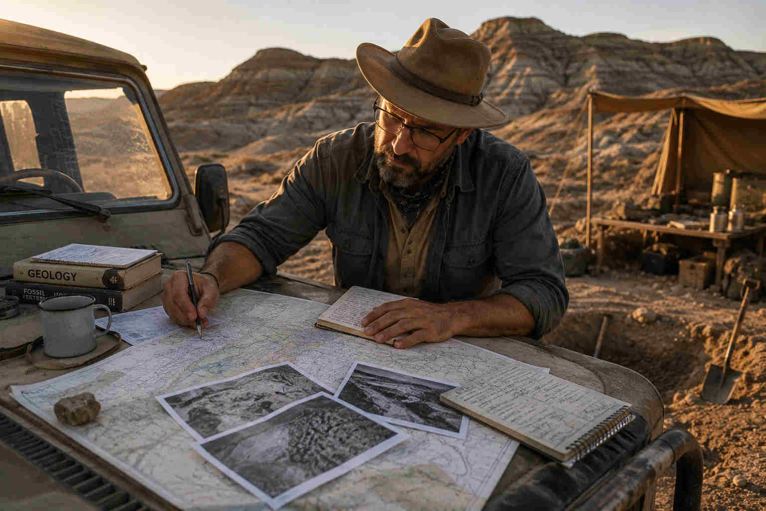 Paleontologist studying maps and field notes beside an expedition vehicle while planning the next excavation