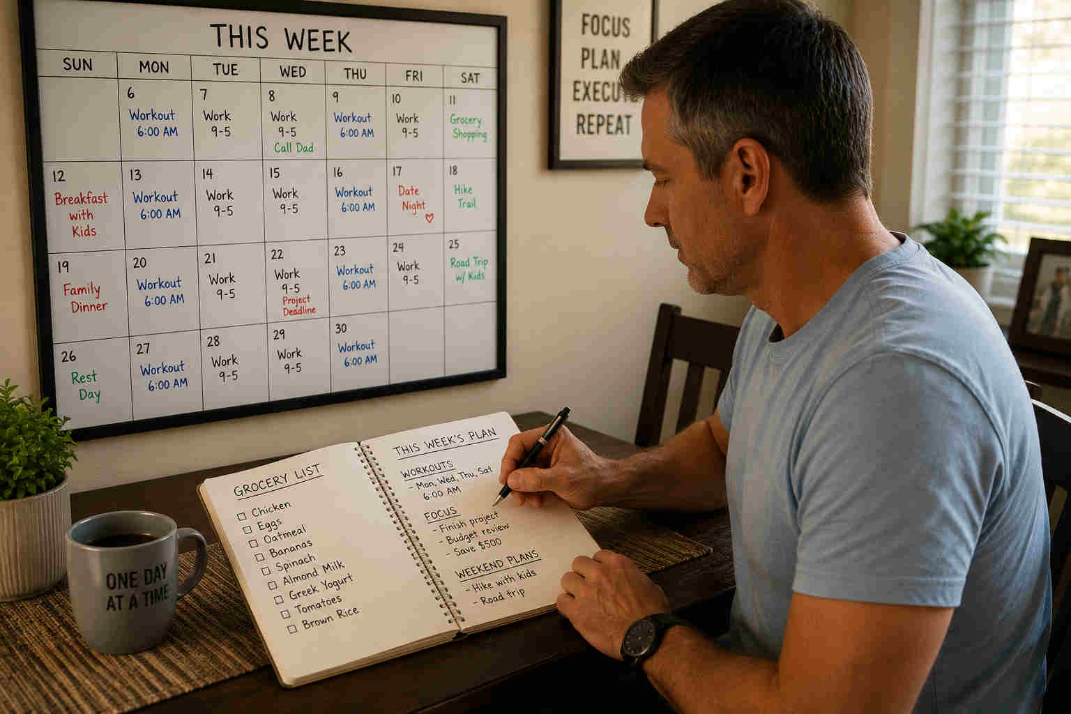 Man planning groceries, exercise and weekend activities after divorce