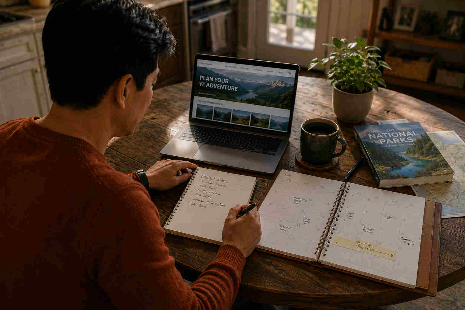 Over-the-shoulder view of an Asian man planning travel, fitness, budgeting, and activities at his kitchen table
