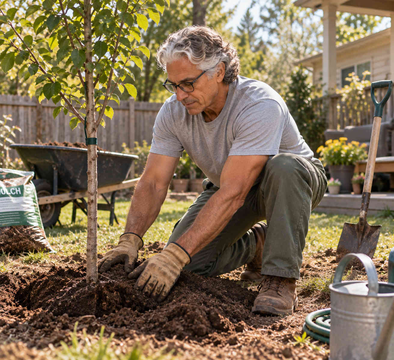 Older man planting a young tree in his backyard