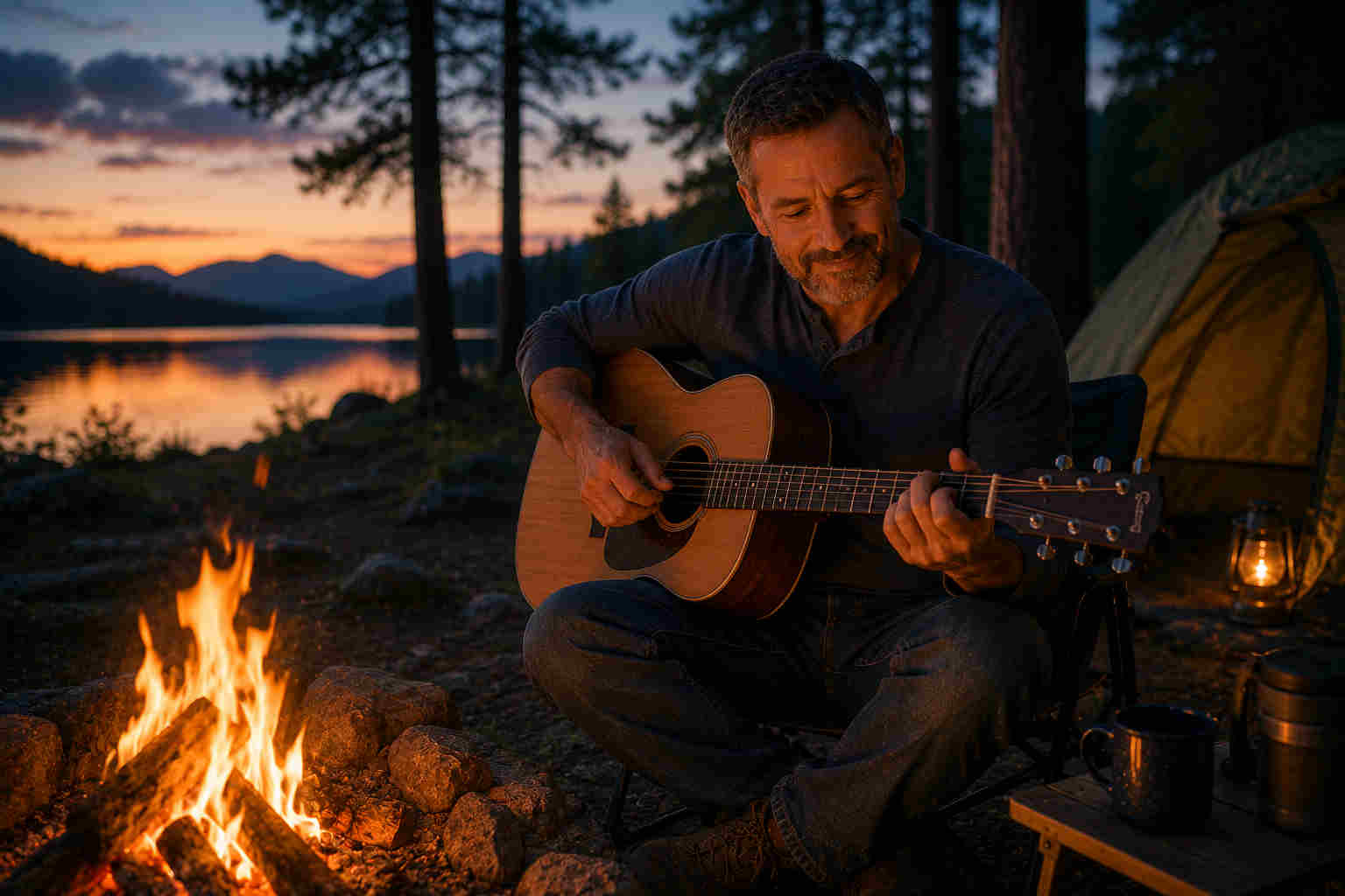 Man playing acoustic guitar alone by a campfire because the activity brings him personal satisfaction