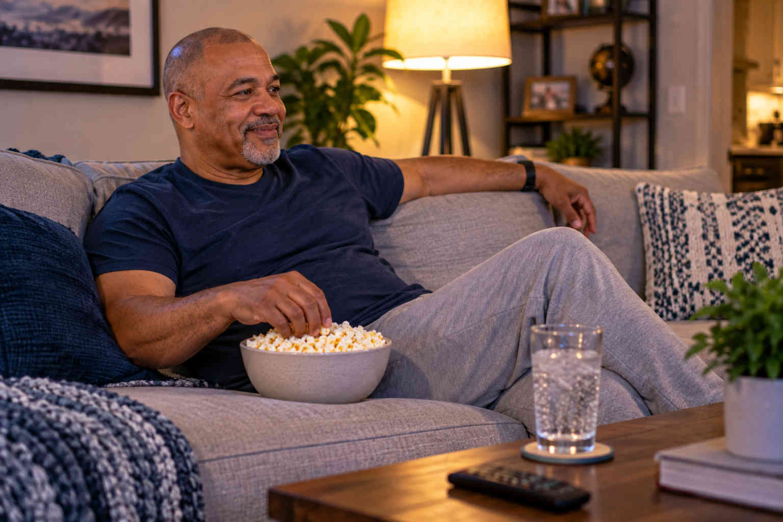 Man relaxing on his sofa at night with a bowl of popcorn and a glass of sparkling water