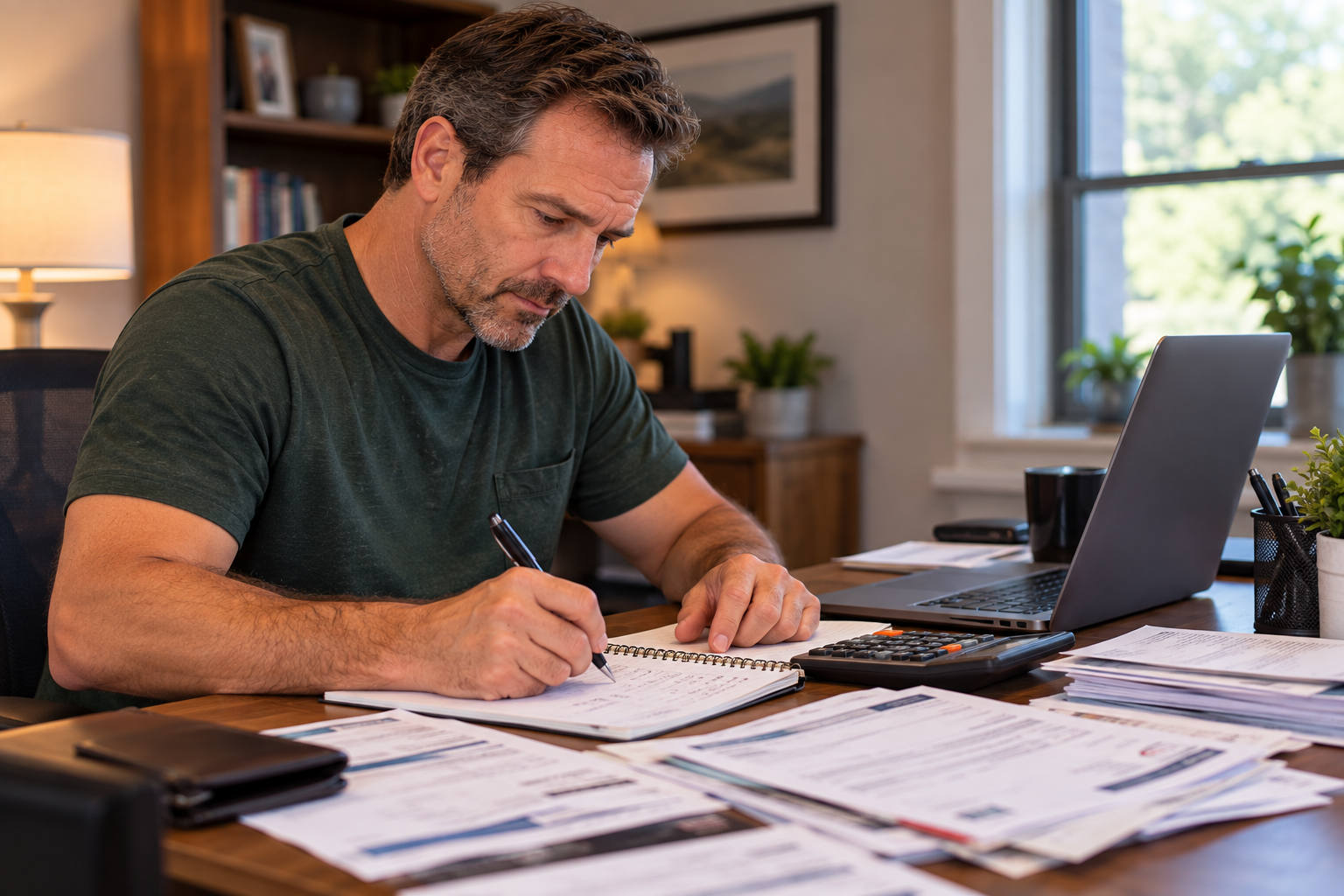 Man reviewing bills, statements, and debts at a table after divorce
