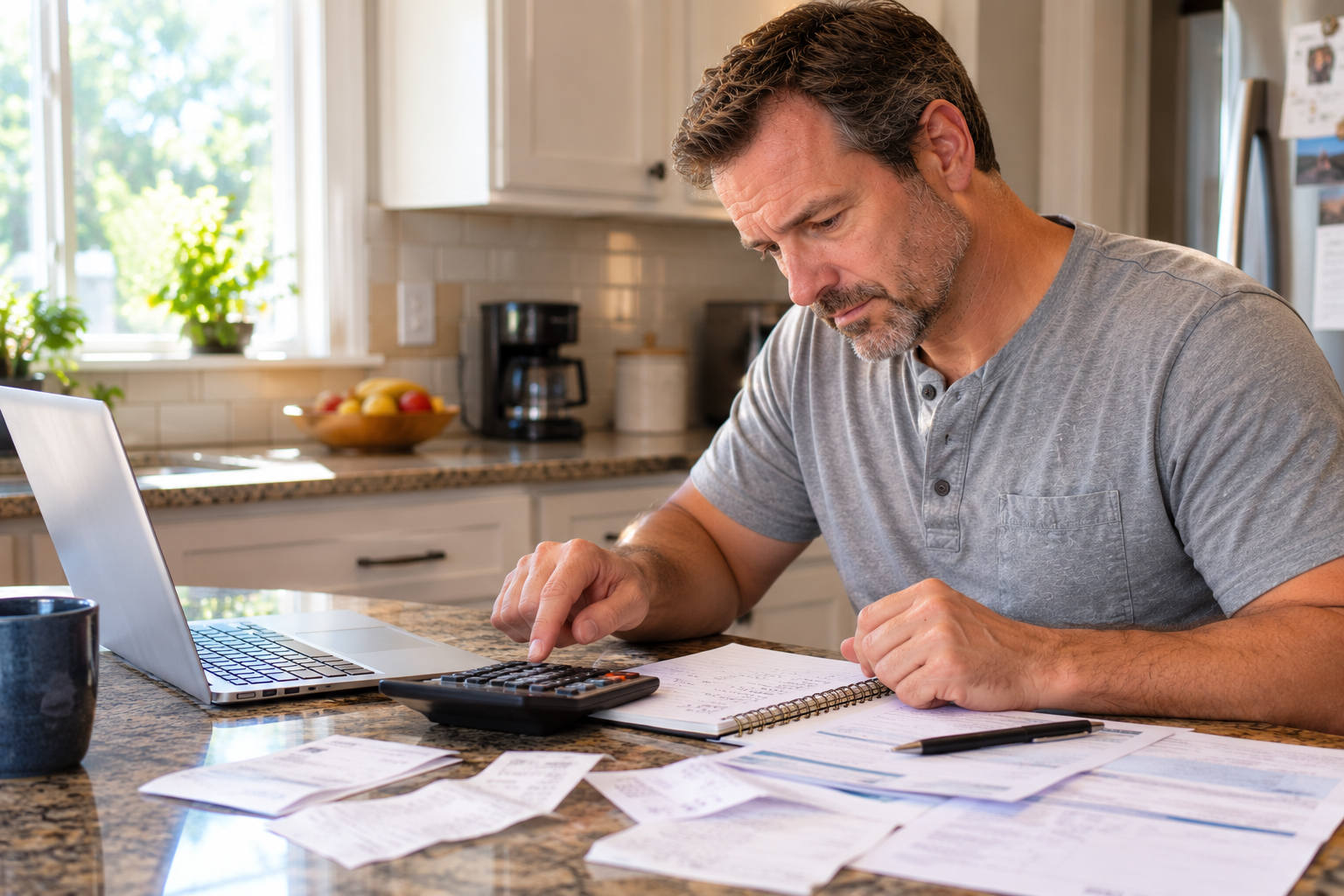 Man calculating a realistic monthly budget after divorce
