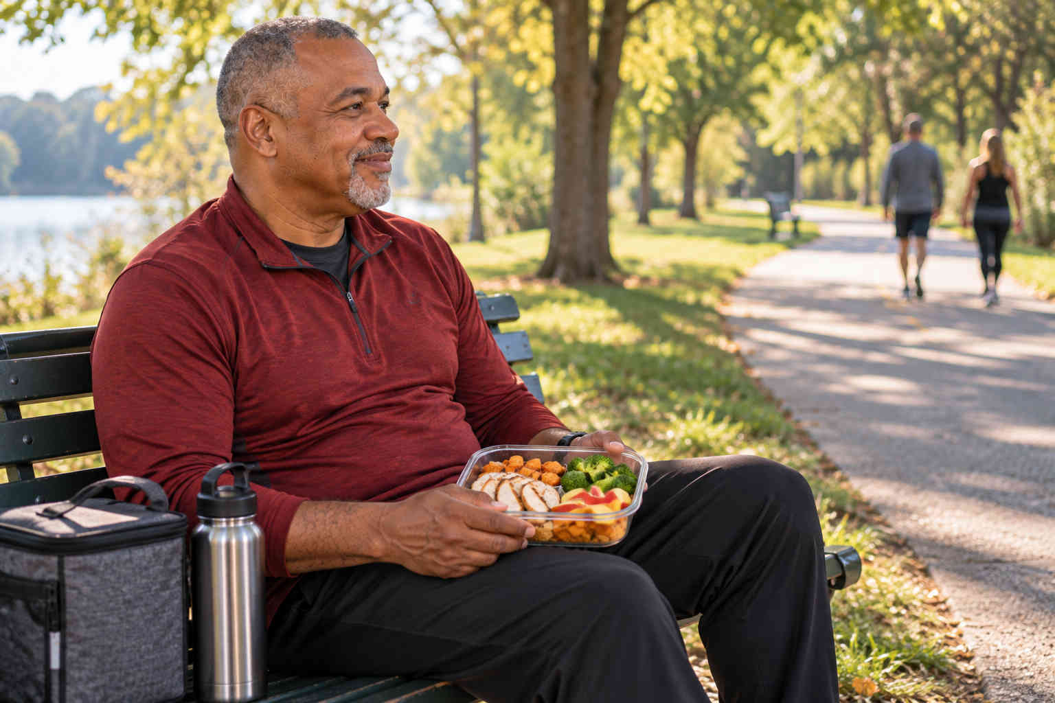 Man relaxing on a park bench after exercise with a balanced meal of chicken, sweet potato, broccoli, and apple