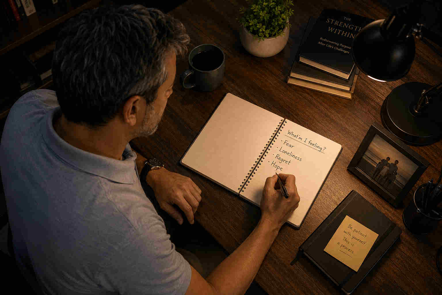Overhead view of a divorced man writing fear loneliness regret and hope in a notebook during quiet emotional reflection