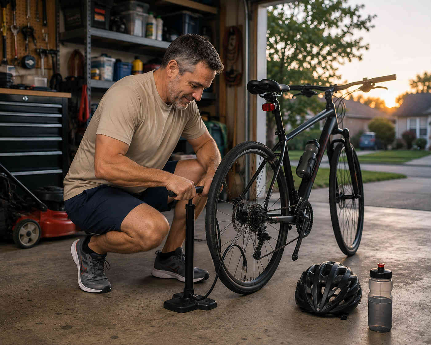 Man preparing his bicycle for an evening ride instead of spending the night snacking in front of the television