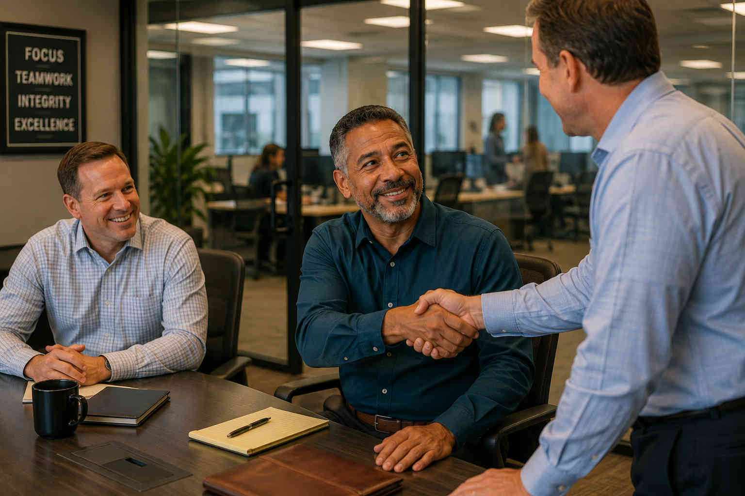Older employee smiling and shaking hands with a manager after receiving good news about a promotion or raise