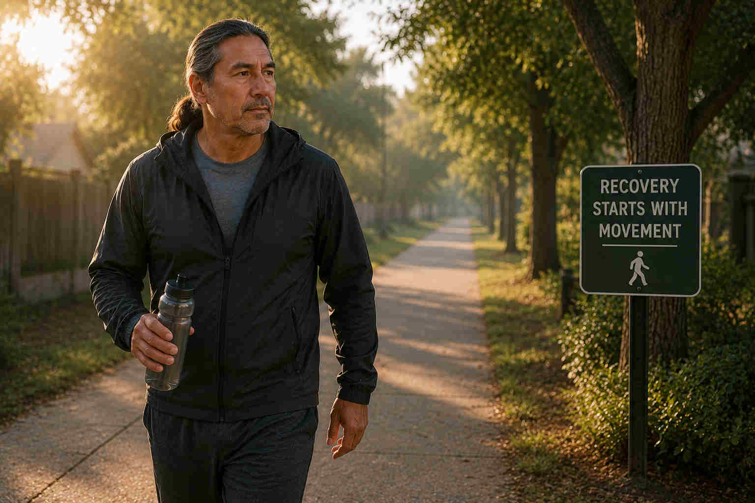 Divorced man walking with purpose on a quiet neighborhood trail in the early morning