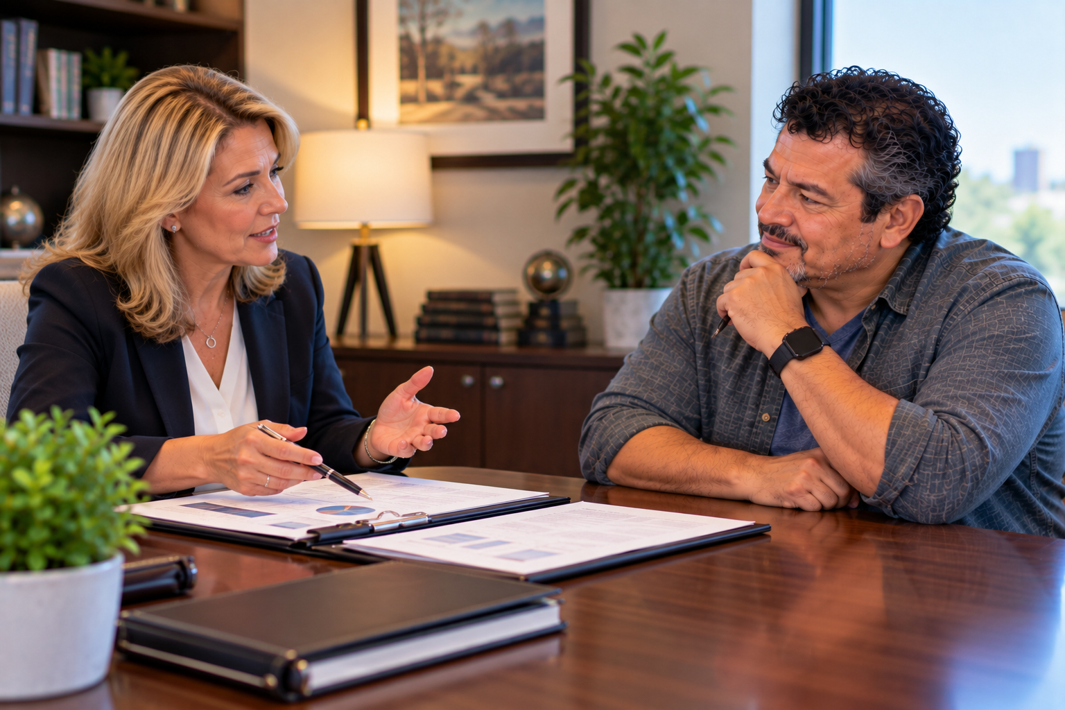 Man meeting with a blonde estate-planning or insurance professional across a conference table