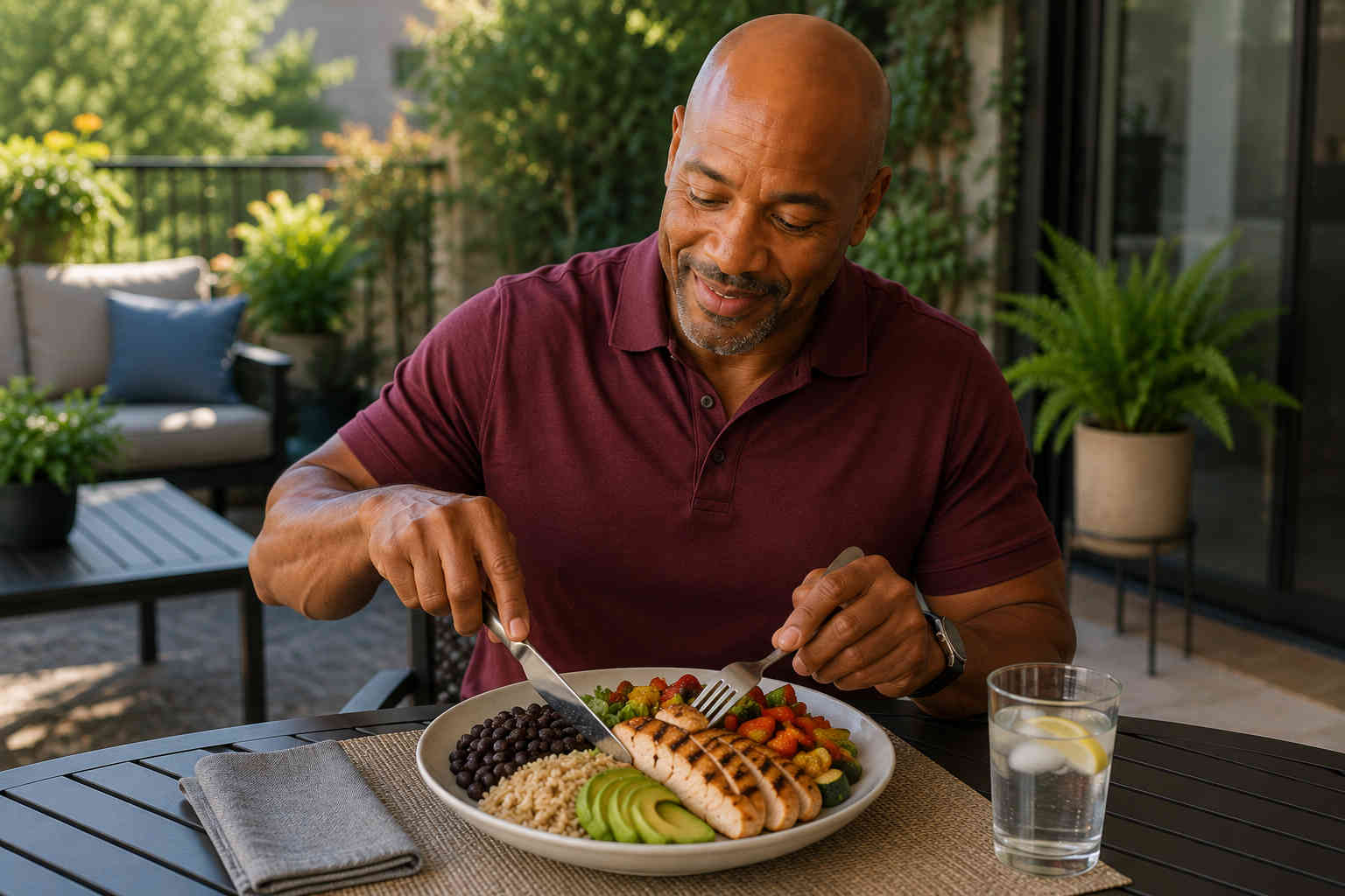 Man eating a filling lunch built around grilled chicken, beans, rice, vegetables, and avocado on an outdoor patio
