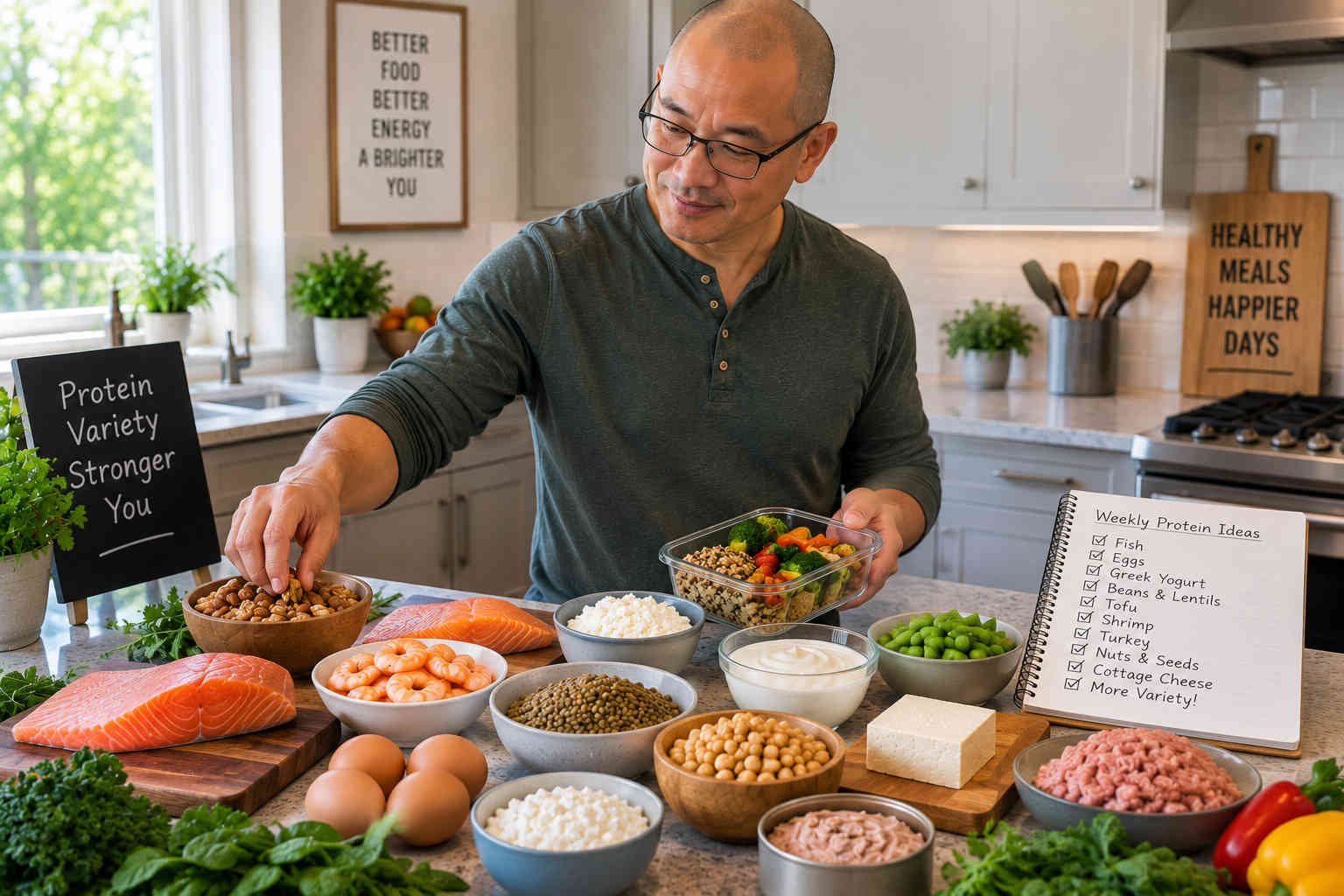 Asian man preparing a meal beside a variety of protein foods including salmon, eggs, beans, lentils, yogurt, tofu and shrimp