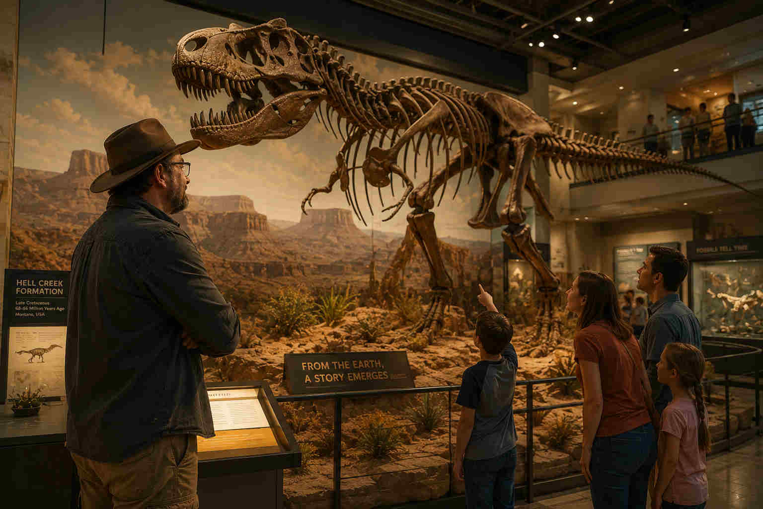 Paleontologist quietly watching families admire a reconstructed dinosaur skeleton in a natural history museum