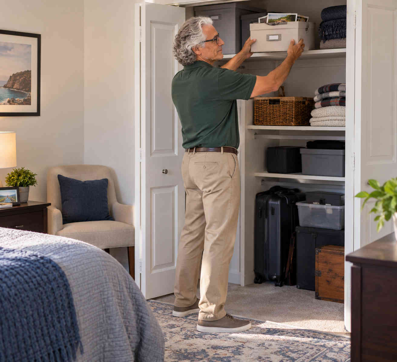 Older man placing a box of old photographs on a closet shelf