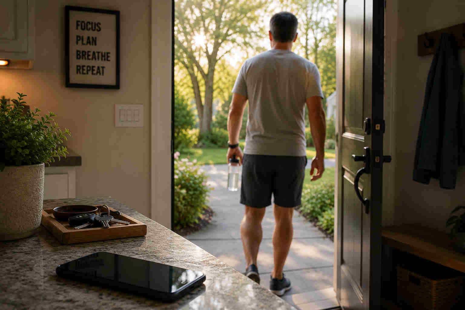 Man leaving his phone behind as he walks outside after divorce