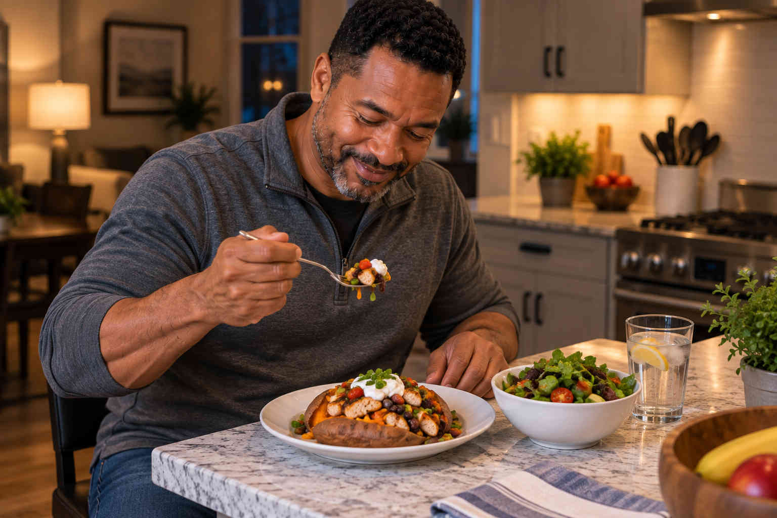 Man eating a quick loaded baked potato and salad as a healthy emergency dinner for one