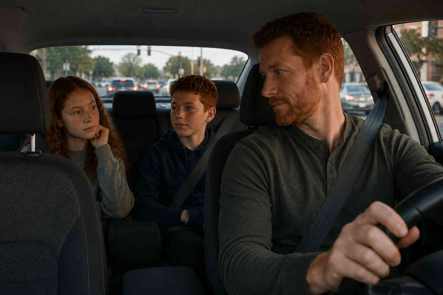 Red-haired father driving his teenage son and daughter home after meeting his new girlfriend while listening to their reactions